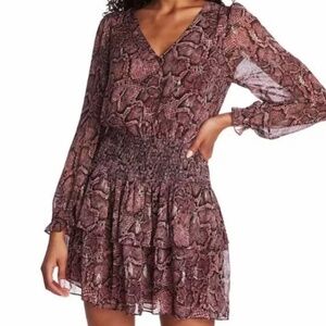 1. State Polished Nomad Snake Print Mini Dress Mahogany Small NWT Boho Smocked